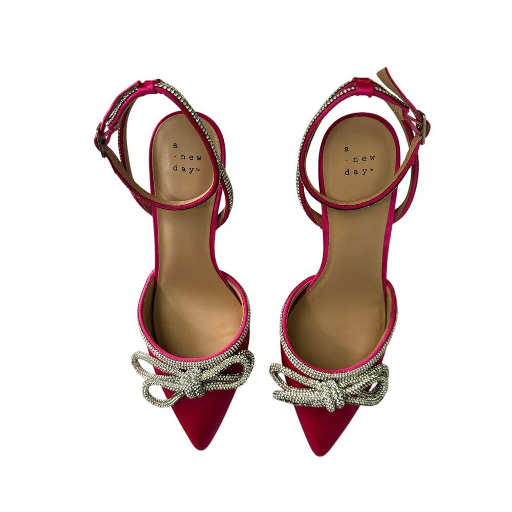 A New Day Women’s Heels Size 8 Fuchsia Pink Rhinestone Bow Ankle Strap